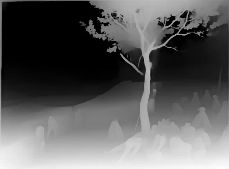 The depth the model inferred: pale is near, dark is far.