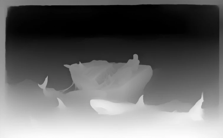 The depth the model inferred: pale is near, dark is far.