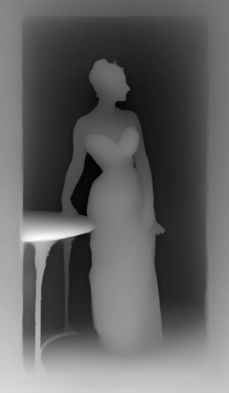 The depth the model inferred: pale is near, dark is far.