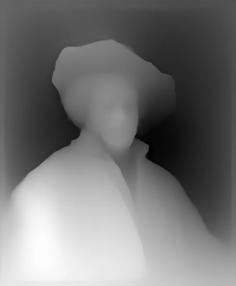 The depth the model inferred: pale is near, dark is far.