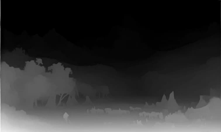 The depth the model inferred: pale is near, dark is far.