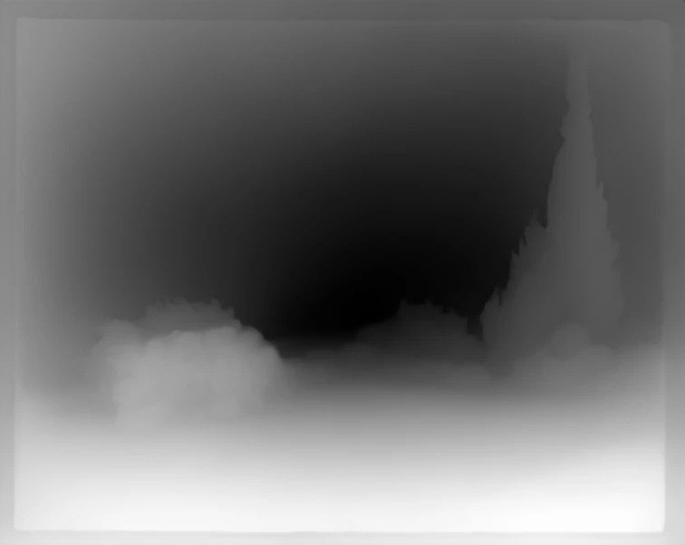 The depth the model inferred: pale is near, dark is far.