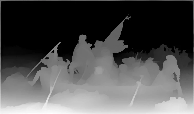 The depth the model inferred: pale is near, dark is far.