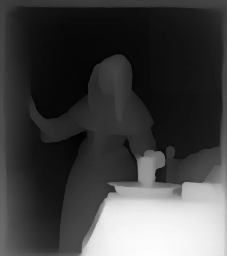 The inferred depth map: a greyscale image where pale is near and dark is far.